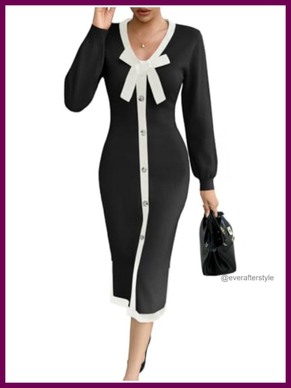 Womens V Neck Sweater Dress Bodycon Button Bow Midi Knit Slim Fit